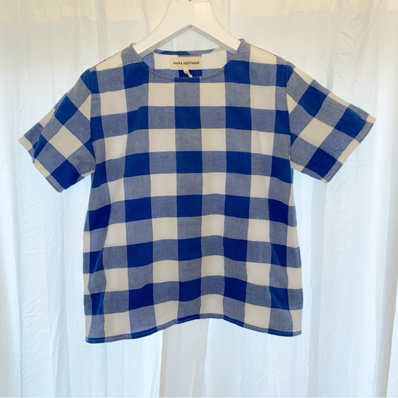 MARA HOFFMAN WHITE BLUE GINGHAM PRINT SHORT SLEEVE BLOUSE TOP - Picture 3 of 8